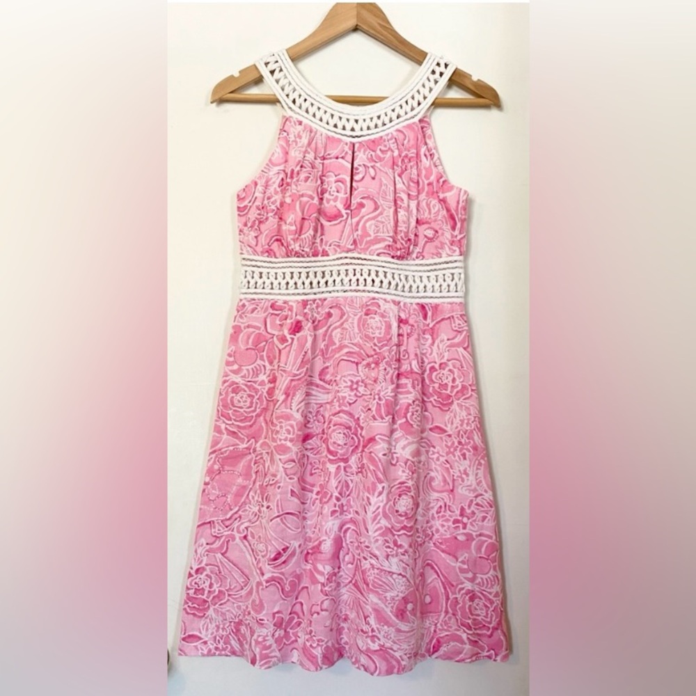 Lilly Pulitzer Brie Linen Cut Out Floral Fish Sheath Sundress Dress EUC Pink 2
